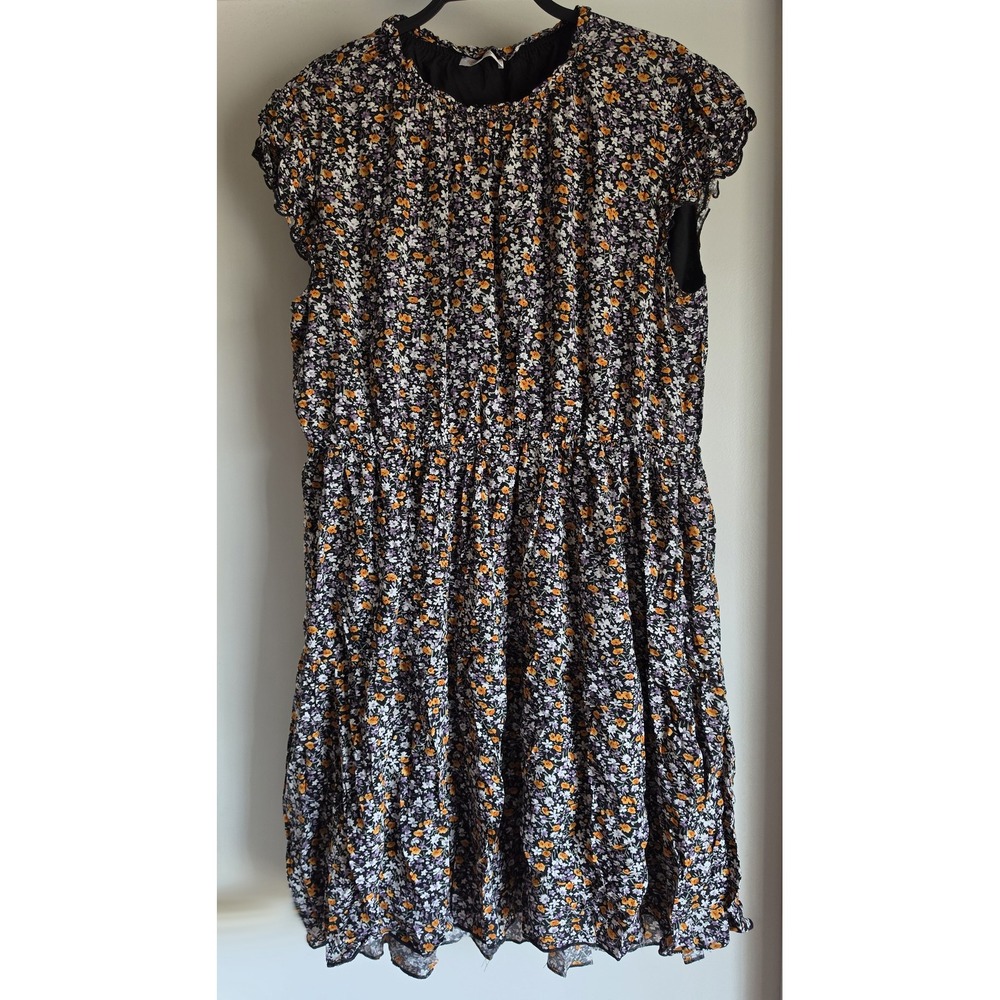KIRUNDO Womens XL Floral Mini Dress Black Orange Boho Short Sleeve Round Neck